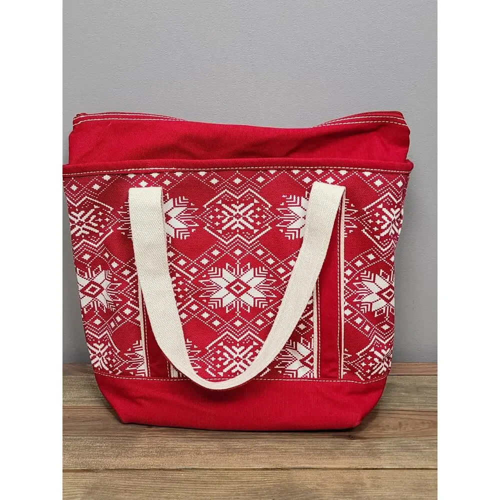 Lands End Medium Size Nordic Snowflake Red Canvas Zip Tote